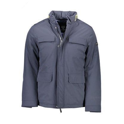 Plein Sport Blue Polyester Men's Jacket with concealed hood and five pockets showcasing high fashion and functionality, front view.