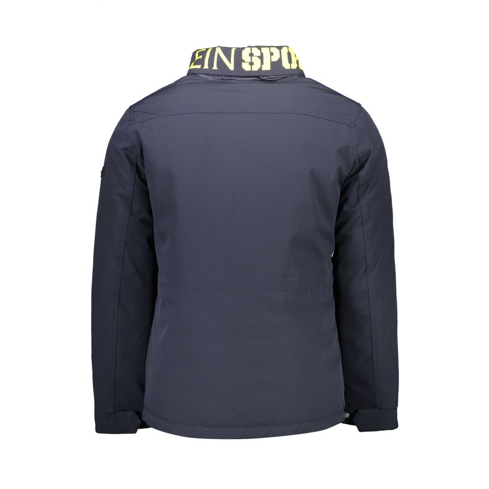 Back view of Plein Sport Blue Polyester Men's Jacket with bold design and concealed hood.