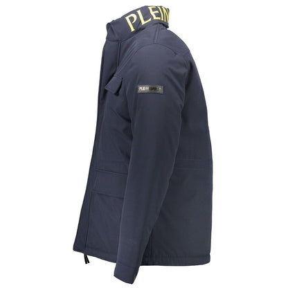 Plein Sport Blue Polyester Men's Jacket with concealed hood and pockets, side view showcasing trendy style and functionality.