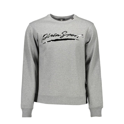 Plein Sport Gray Cotton Men Sweater with logo print, luxury athletic crew neck sweatshirt.