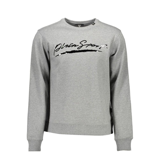 Plein Sport Gray Cotton Men Sweater featuring a bold logo and crew neck design, crafted for comfort and durability.