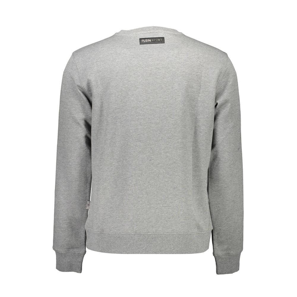 Back view of Plein Sport Gray Cotton Men Sweater showcasing logo and crew neck design.
