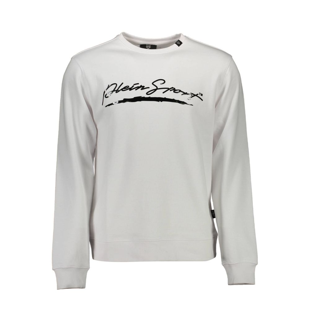 Plein Sport White Cotton Men Sweater with logo design, long sleeves, crew neck for bold style.