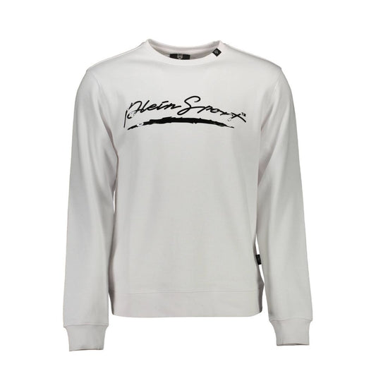 Plein Sport White Cotton Men Sweater featuring long sleeves and logo print on chest