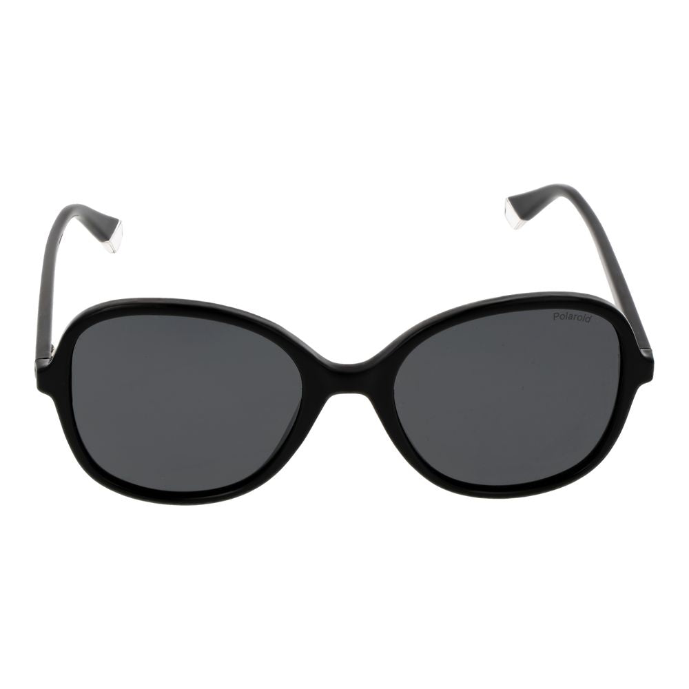 Polaroid Black Women Sunglass with full-rim black polycarbonate frame, grey polarized lenses, perfect for 100% UVA & UVB protection.