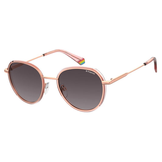 Polaroid Rose Gold Metal Sunglasses with pink semi-transparent frame and round lenses, perfect for both men and women.