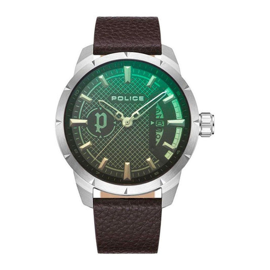 Police Brown Leather Dress Watch with green dial, stainless steel case, quartz analog movement, and 5ATM water resistance.