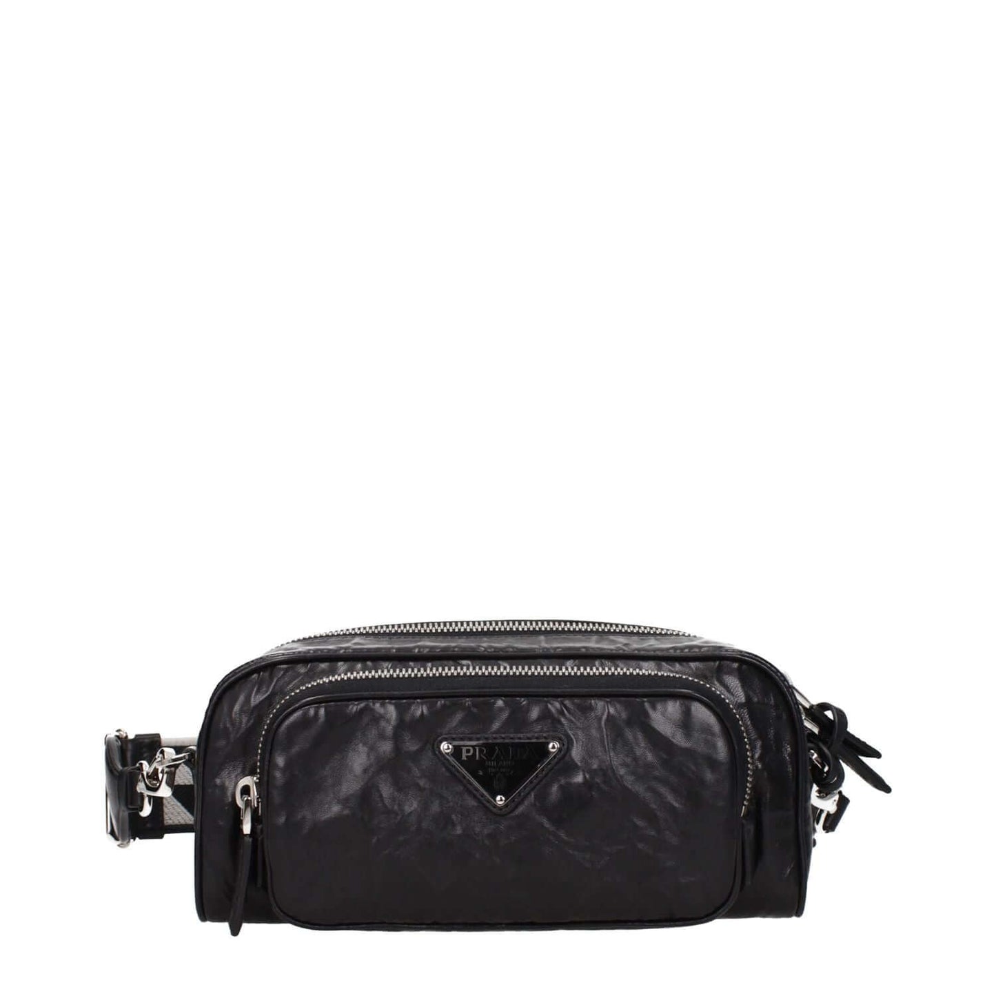 Prada Black Leather Crossbody Bag with silver details, zip closure, and adjustable removable shoulder strap, front logo visible.