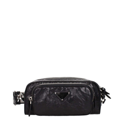 Prada Black Leather Crossbody Bag with silver details, zip closure, and adjustable removable shoulder strap, front logo visible.