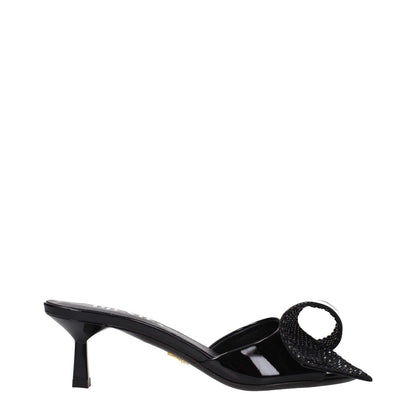 Prada Black Leather Sandals with open toe, front detail, mid heel design, 5.5 cm heel height, showcasing casual style in black patent leather.