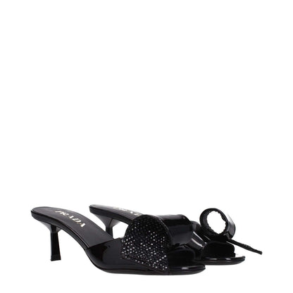 Prada Black Leather Sandals with mid heels and open toe, featuring patent leather and front detail. MPN: 1XX6913LOC055F0002.