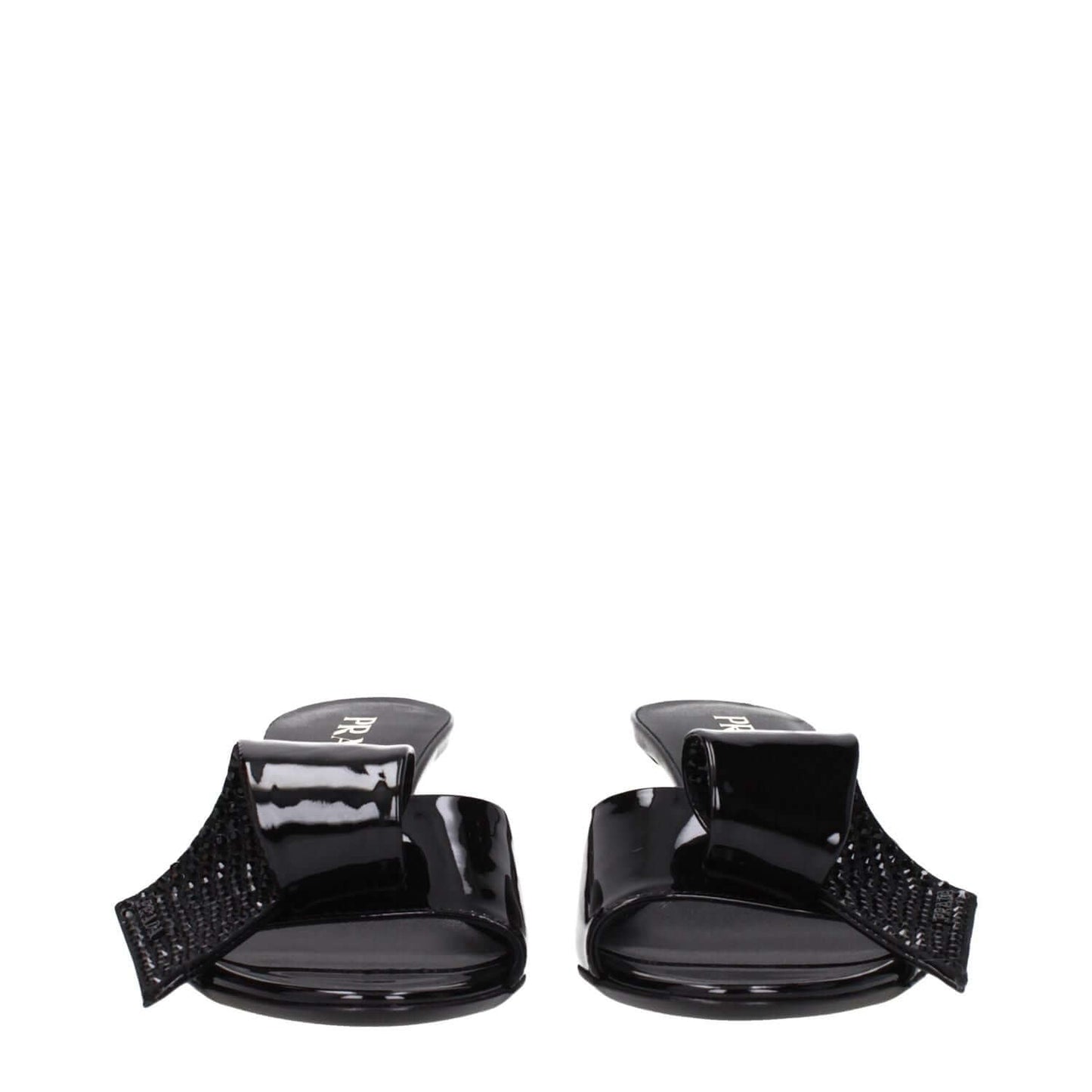 Prada Black Leather Sandals with patent leather and open toe design, mid heels, 5.5 cm height, featuring front detail.