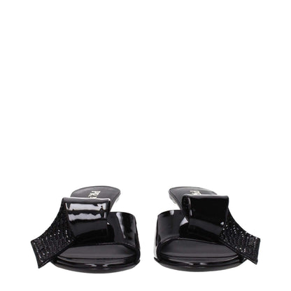 Prada Black Leather Sandals with patent leather and open toe design, mid heels, 5.5 cm height, featuring front detail.