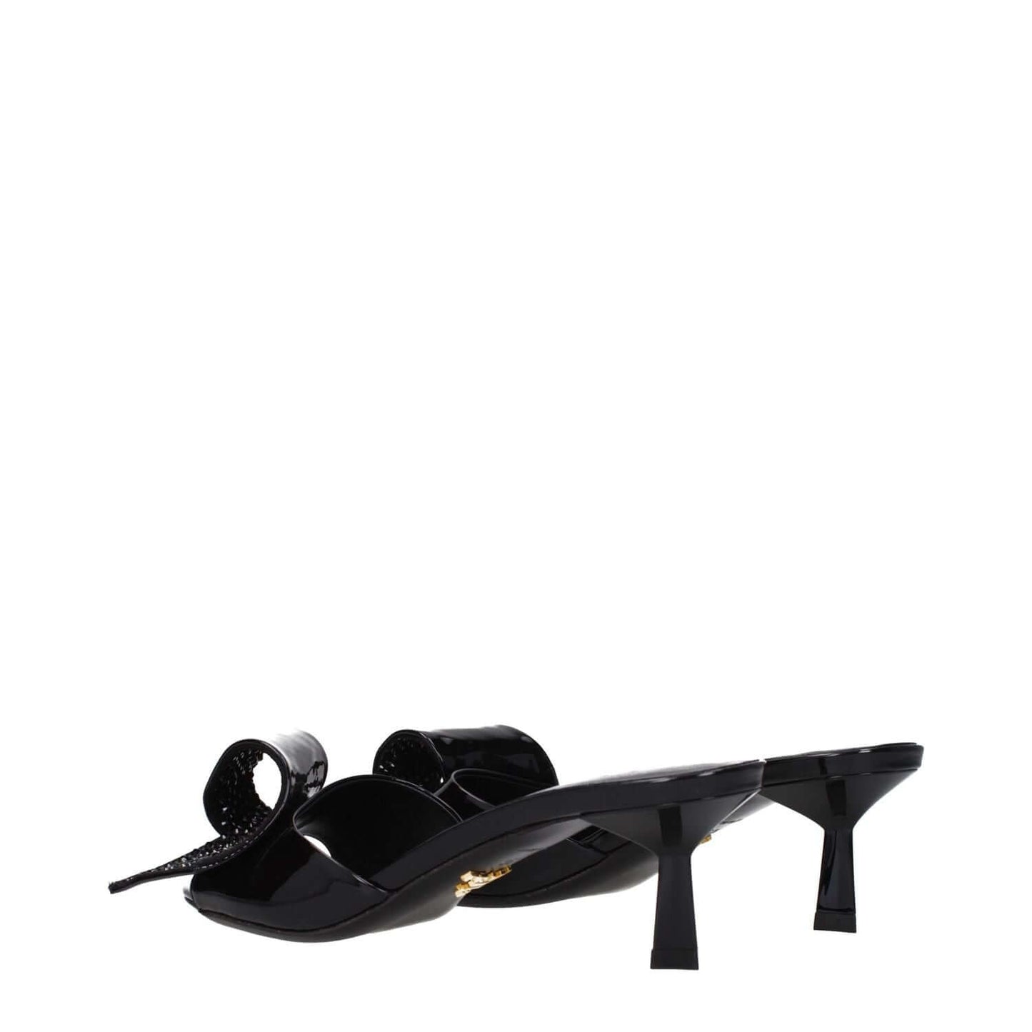Prada Black Leather Sandals with open toe and mid heels, featuring front detail and leather sole, style code F80994.