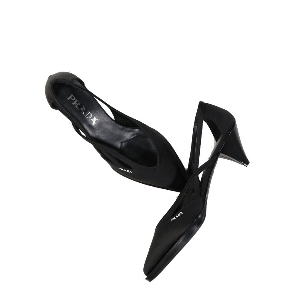 Prada Black Silk Mid Heel Pumps with leather insole and cut-out design, made in Italy, featuring side logo detail and pointed toe.