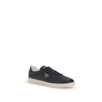 Prada Blue Calf Leather Bos Taurus Low Top Sneakers with embossed logo and rubber sole, featuring lace-up style and padded ankle.