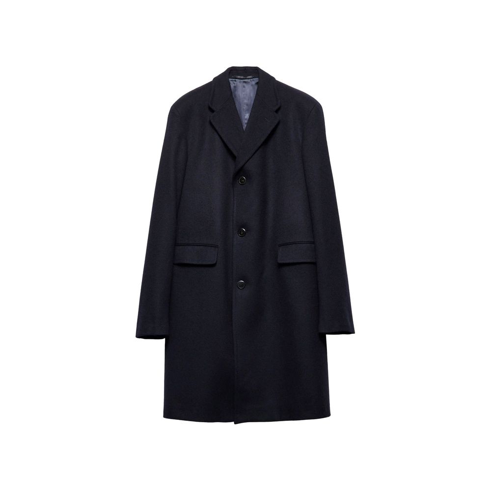 Prada Blue Wool Coat for men, single-breasted with straight hem, two side flap pockets, and back vent, featuring classic reverse.