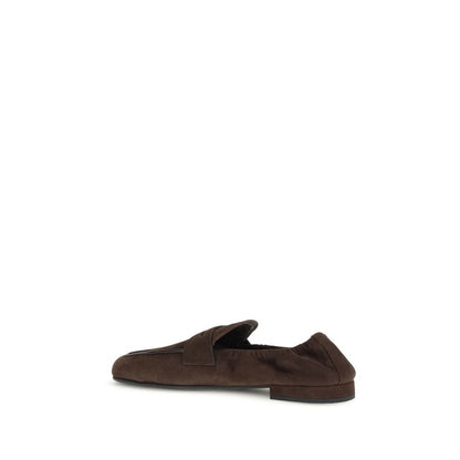 Prada Brown Lamb Ovis Aries Aries Slip-On Loafers with leather horsebit upper and rubber sole, side view.