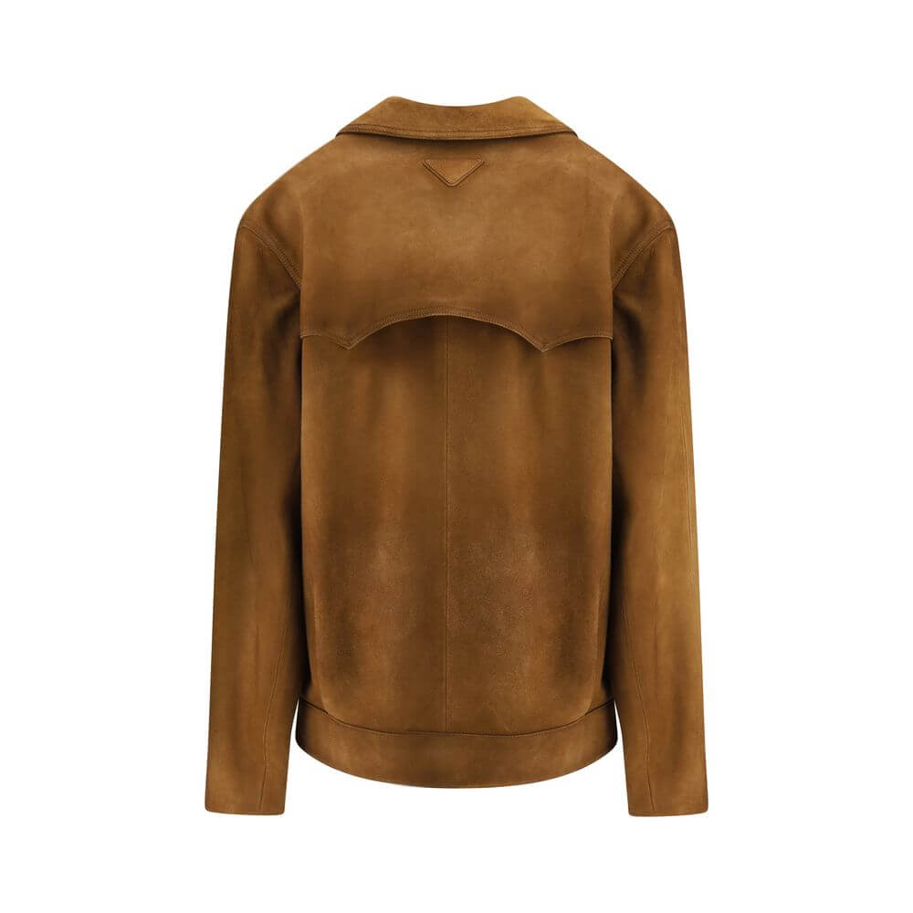 Prada Brown Leather Jacket with suede finish, classic collar, button closure, and welt pockets; elegant and versatile for AW25 season.