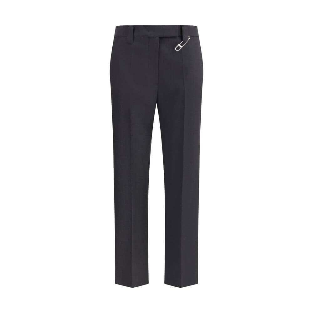 Prada Gray Fleece Wool Dress Pants featuring high waist, straight-leg, safety pin detail, and side welt pockets for AW25 season.