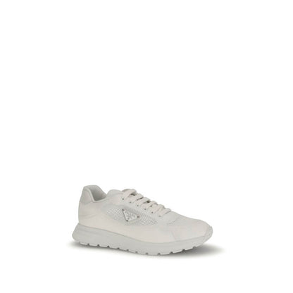 Prada White Rubber Athletic Sneakers with enameled logo, breathable mesh upper, and rubber sole. Stylish urban design, AW25 Edition.
