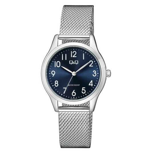 Q&Q Mod. LADY ONLY TIME wristwatch with blue dial, mesh strap, 33mm metal case, quartz movement, and 3 ATM water resistance.
