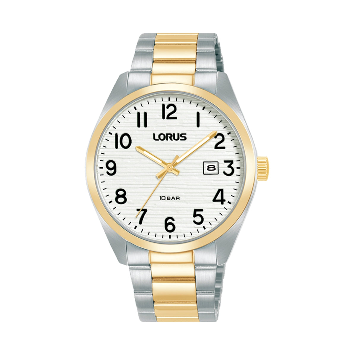 LORUS WATCHES Mod. RH912RX9 with silver and gold design, white dial, and date display, ideal for stylish timekeeping.