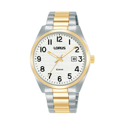 LORUS WATCHES Mod. RH912RX9 with silver and gold design, white dial, and date display, ideal for stylish timekeeping.