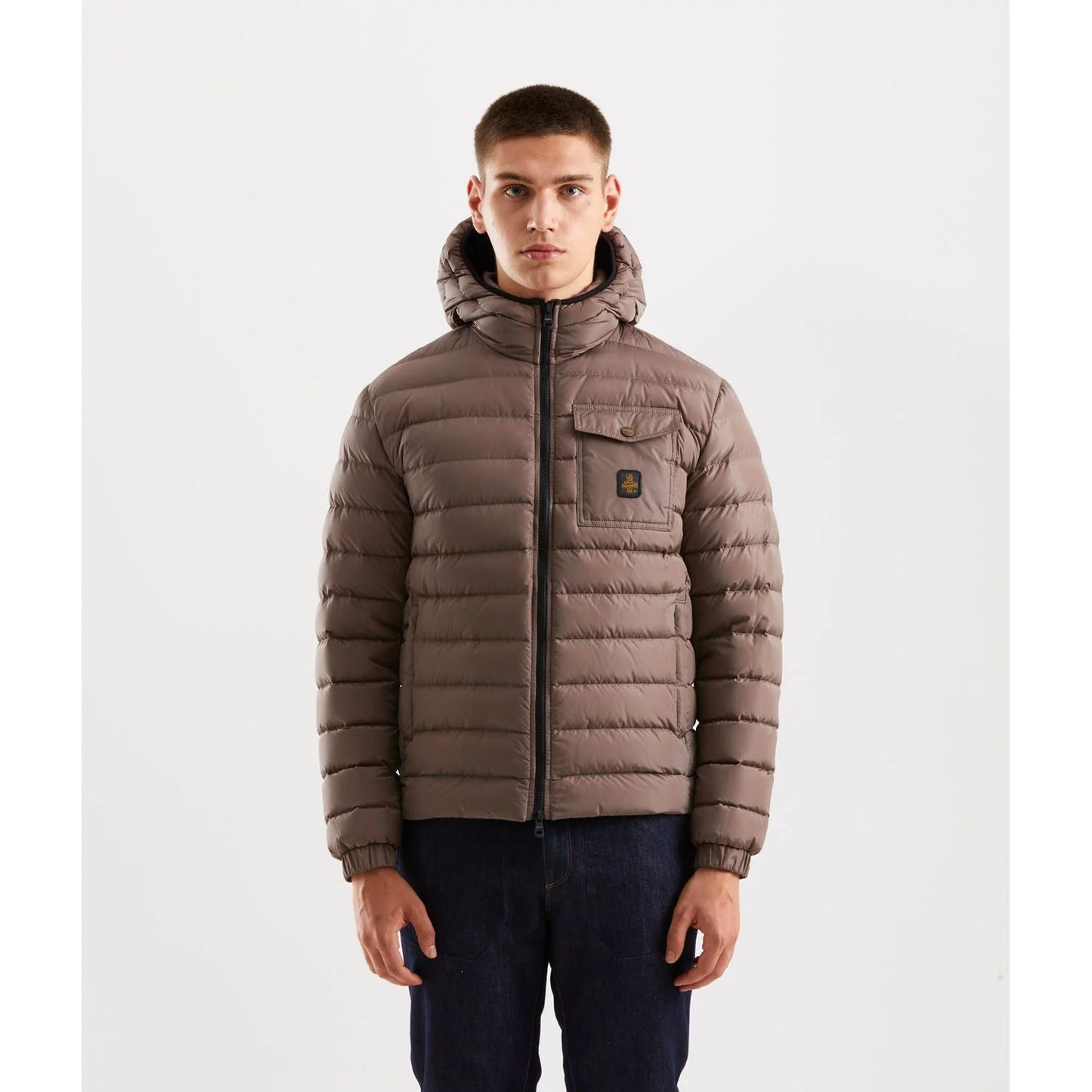 Refrigiwear Beige Nylon Men Jacket with hood, zip closure, and pockets for stylish urban warmth.