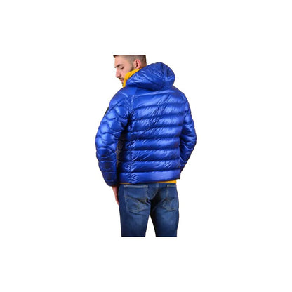Refrigiwear Blue Nylon Men Jacket with hood, showcasing durable design and insulation, rear view.