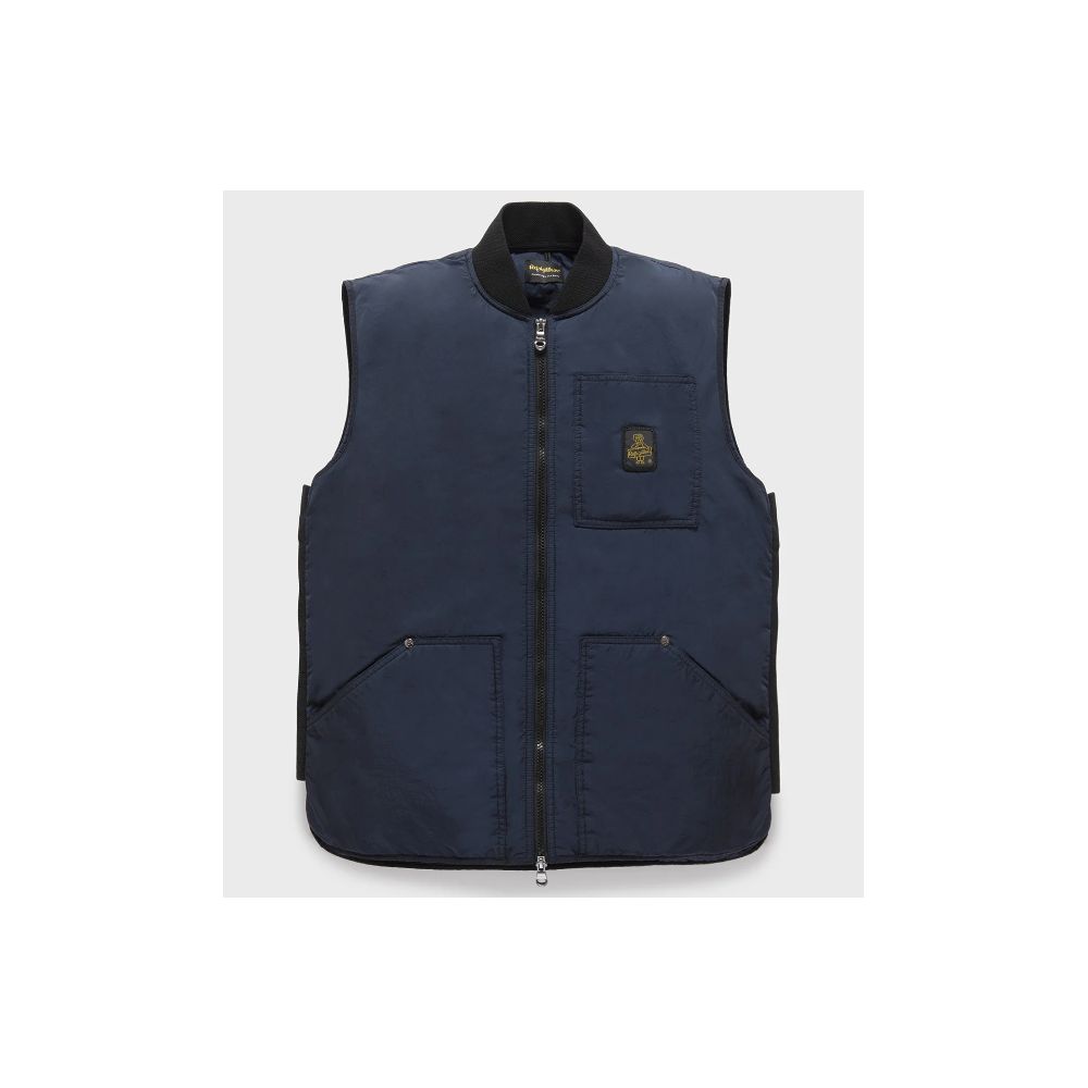Refrigiwear Blue Polyamide Men Vest with zipper closure, front view, featuring two outer pockets and sleek design for summer wear.
