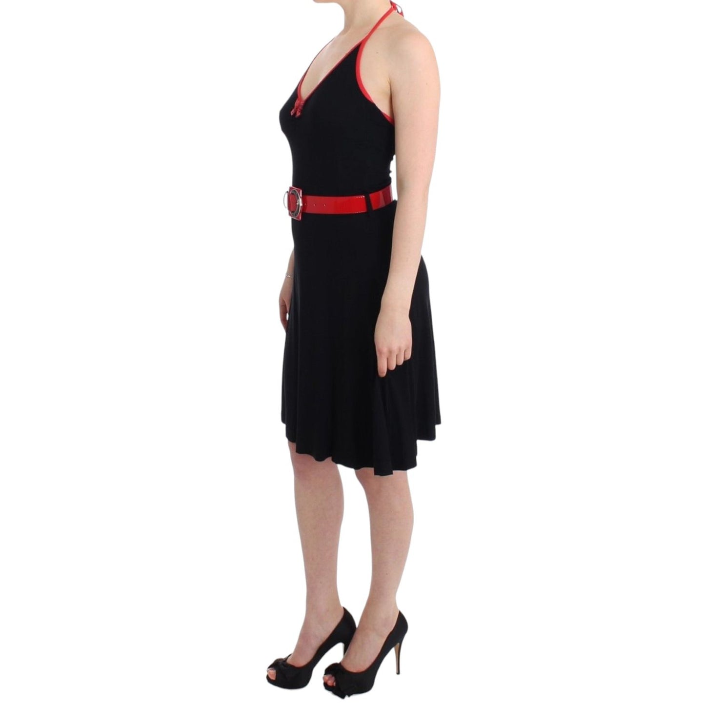 Roccobarocco Black belted palladio dress, knee-length, sleeveless, red belt, round neckline.
