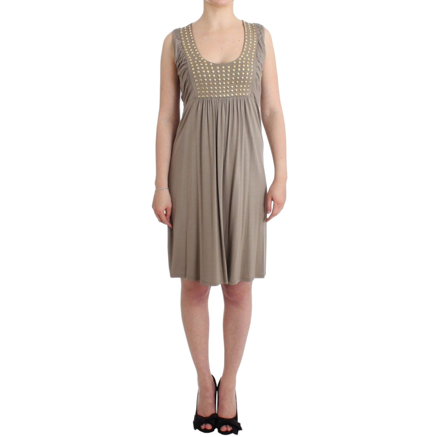 Roccobarocco Khaki studded sheath dress with knee length and round neckline, sleeveless design, featuring waist ties and studded detailing.
