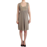 Roccobarocco Khaki studded sheath dress with knee length and round neckline, sleeveless design, featuring waist ties and studded detailing.