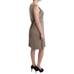 Side view of a Roccobarocco Khaki studded sheath dress with round neckline, sleeveless design, knee length, and waist tie.