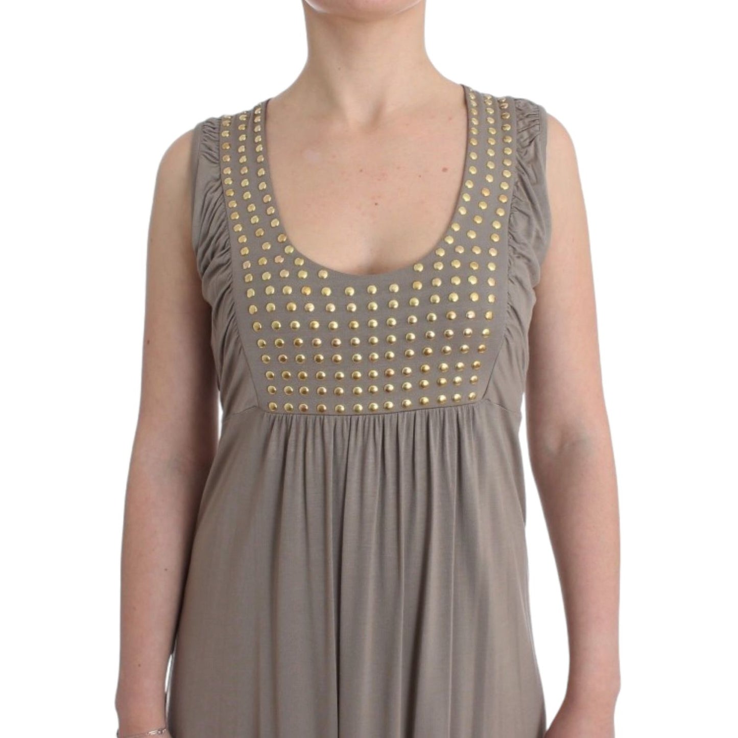 Roccobarocco Khaki studded sheath dress with round neckline, sleeveless design, and waist ties, featuring gold studs on the front panel.