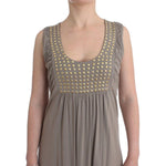 Roccobarocco Khaki studded sheath dress with round neckline, sleeveless design, and waist ties, featuring gold studs on the front panel.