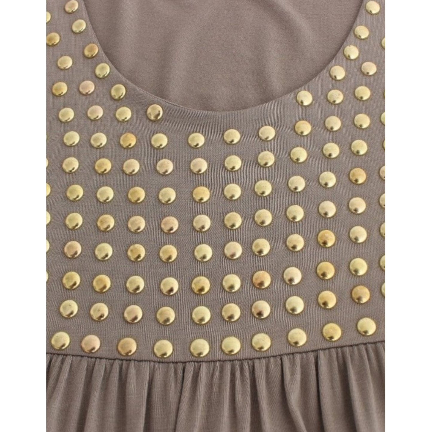 Close-up of Roccobarocco Khaki studded sheath dress with round neckline and gold studs detailing.