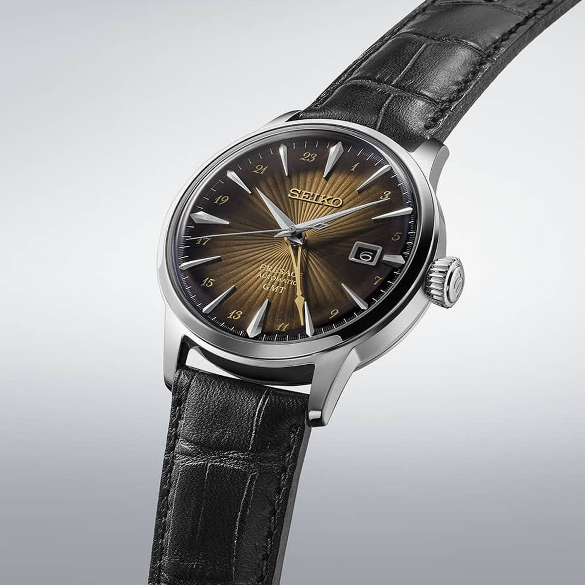 SEIKO PRESAGE Mod. COCKTAIL AUTOMATIC - RUSTY NAIL wristwatch with black leather strap and brown dial, water resistant 5 ATM.