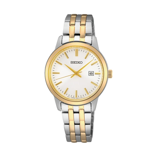 SEIKO WATCHES Mod. SUR410P1, elegant two-tone men's watch with white dial and date display, stylish design for everyday wear.