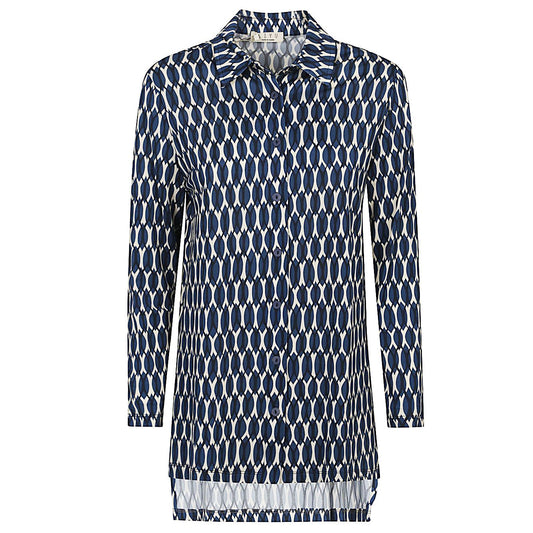 SIYU Shirts Blue - Multicolor viscose shirt with polo collar, button closure, long sleeves, side slits, and straight hem.