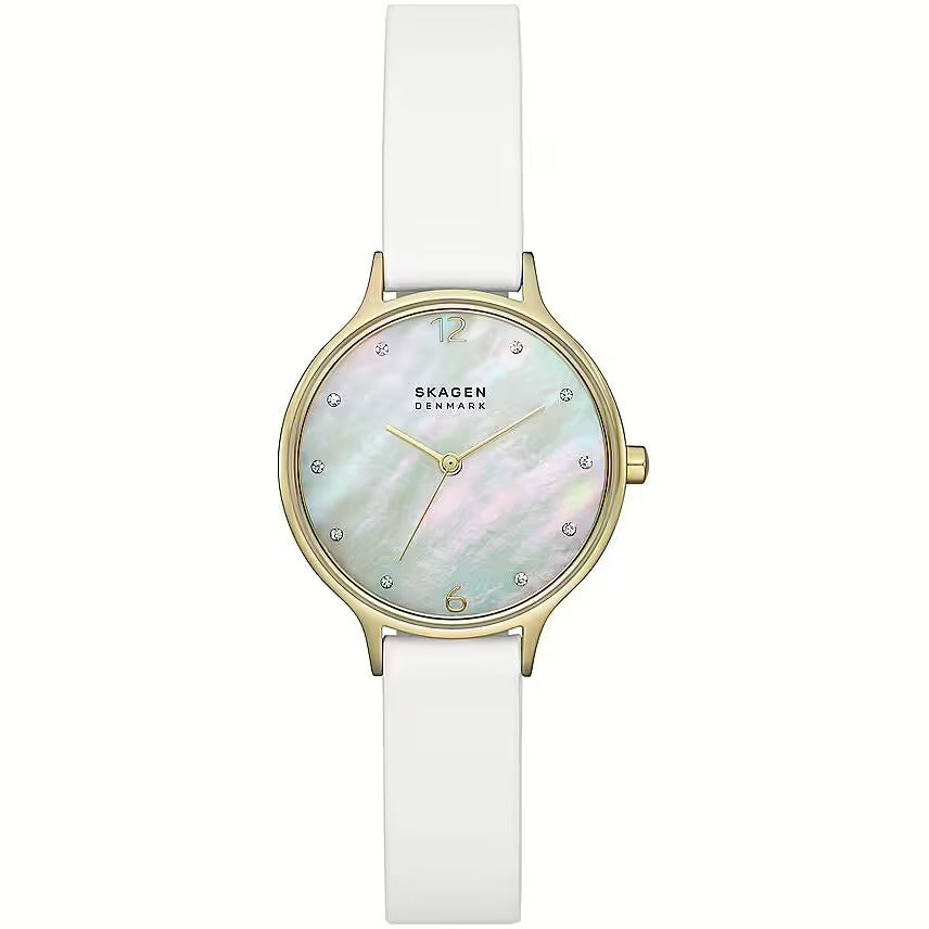 SKAGEN Mod. ANITA LILLE wristwatch for ladies, IP gold case, mother of pearl dial, white leather strap, quartz movement, 34mm case.