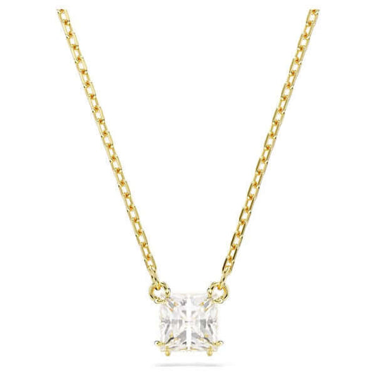 Elegant gold chain necklace with square-cut gemstone pendant displayed against a white background, highlighting intricate design and luster.