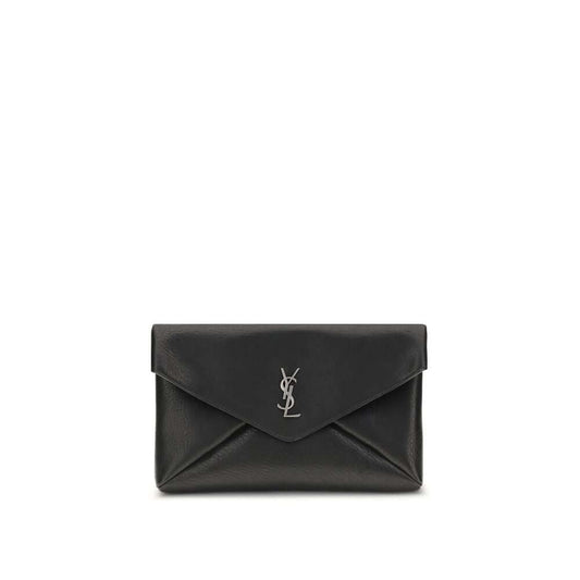Saint Laurent Black Calf Leather Bos Taurus Clutch Bag with silver logo and magnetic closure.
