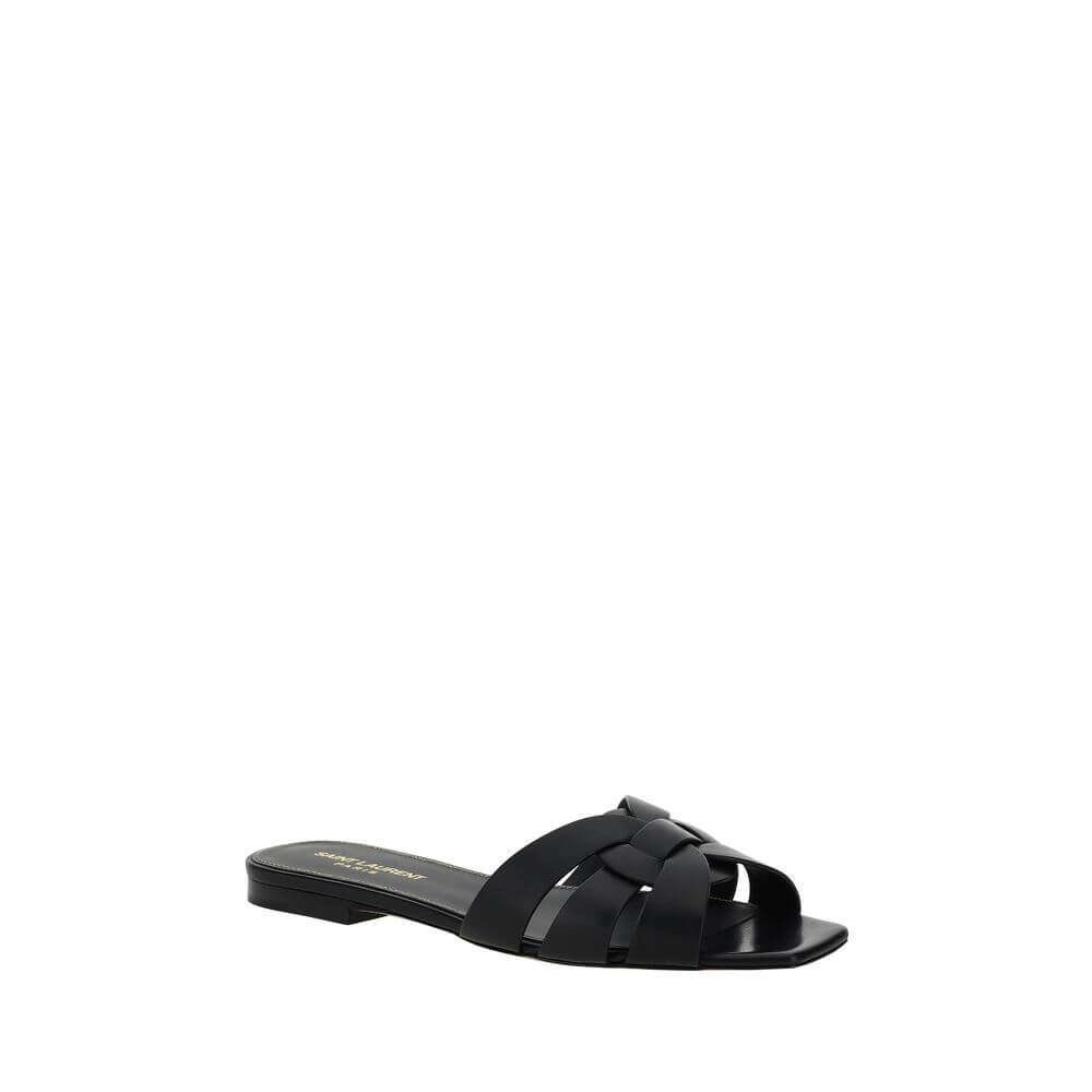Saint Laurent Black Calf Leather Bos Taurus Flat Sandals with braided design, open square toe, and slight block heel.