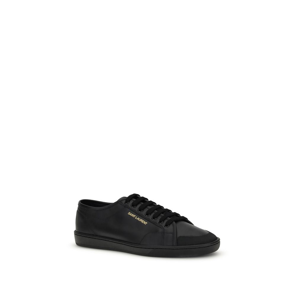 Saint Laurent Black Calf Leather Bos Taurus Low Top Sneakers with gold signature and rubber sole, perfect for elegant style.