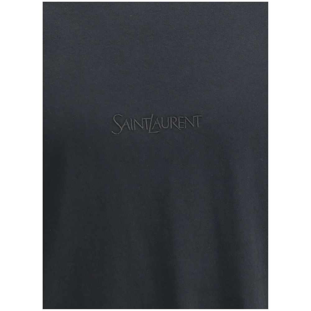 Saint Laurent Black Cotton T-Shirt with embroidered logo on front, minimalist design, ideal for casual-chic elegance and versatility.
