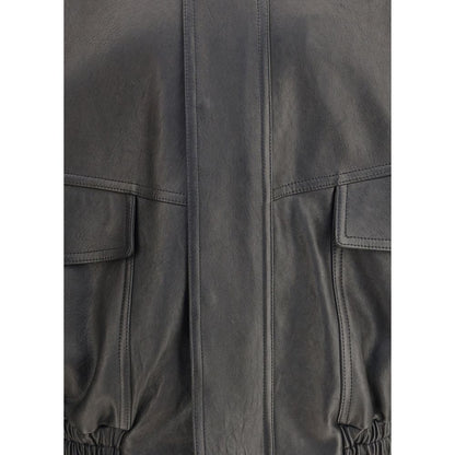 Saint Laurent Black Lamb Ovis Aries Aries Clothing showing front detail and pockets of balloon leather jacket.