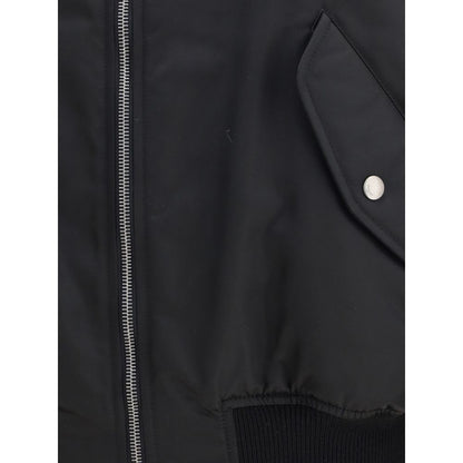Close-up of Saint Laurent Black Polyamide Bomber jacket with zipper and pocket details