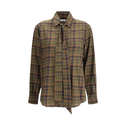 Saint Laurent Green Cotton Pattern Shirt with check pattern and lavallière bow, AW25 collection, front view.